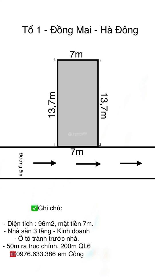 Chính chủ đồng mai  96m2  mặt tiền 7m  ô tô tránh đỗ  sân chơi  100m ra ql6  thoả thuận giá
