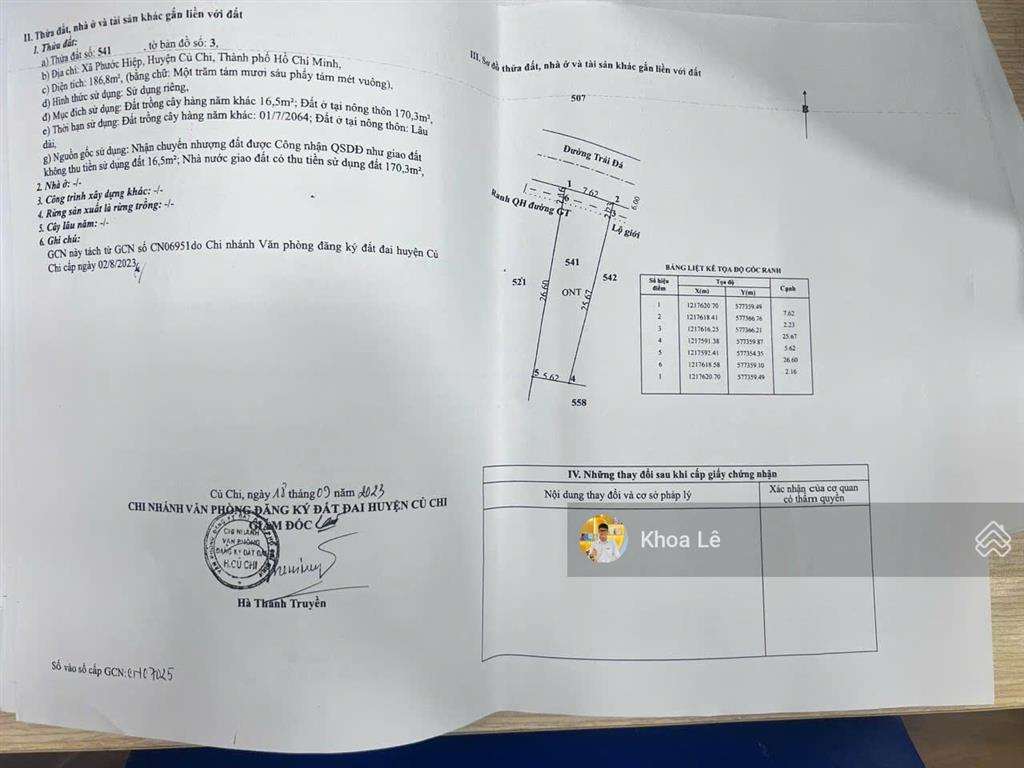 Bán gấp lô đất đầu tư xã phước hiệp, củ chi. dt 186m2, sổ hồng riêng bao sang tên, 900tr bớt lộc