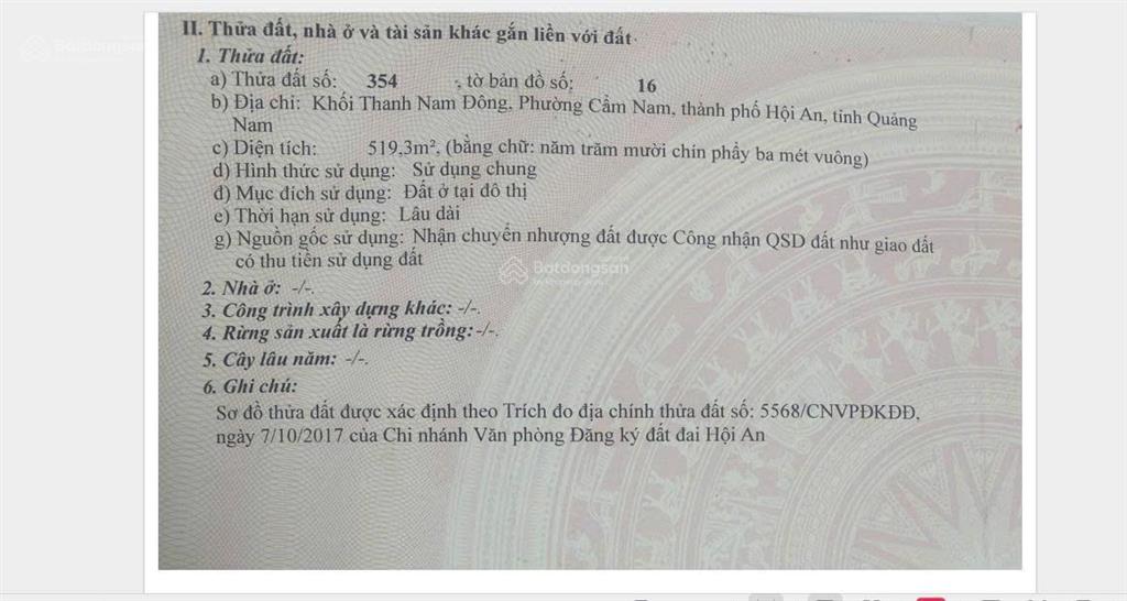 Bán đất kiệt nguyễn tri phương, 6,x tỷ, 519m2, pháp lý đầy đủ, hội an
