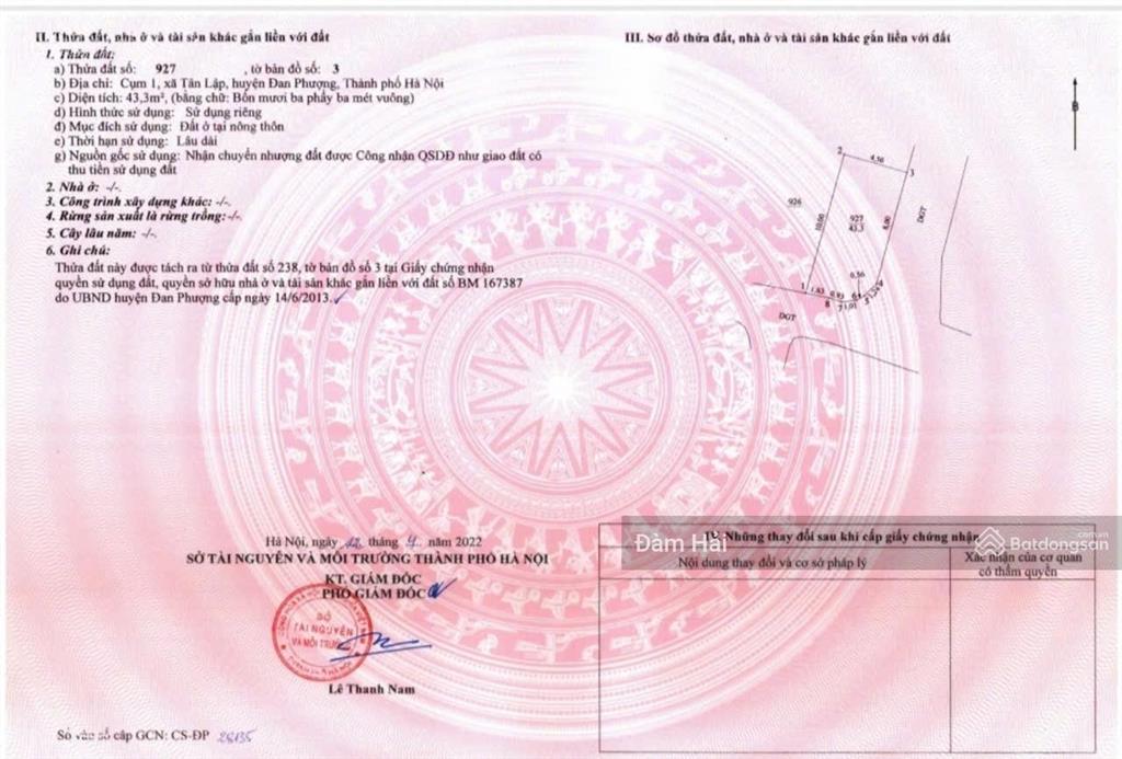 Bán gấp đất đan phượng 43.3m²  2 mặt tiền  ô tô đỗ cửa  gần ngay vinhomes, tiềm năng tăng giá