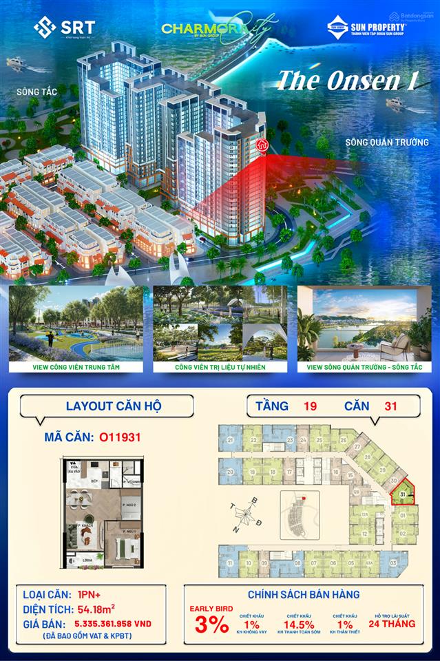 O11931 1pn+ tầng 19 the onsen charmora city giá 5 tỷ 335 triệu (giỏ hàng không chênh giá gốc cđt)