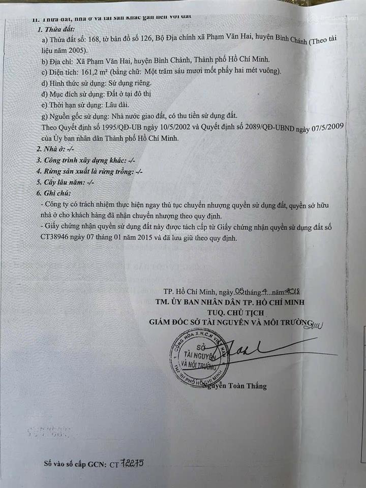 Bán đất thổ cư kdc vĩnh lộc, xã phạm văn hai bình  quận bình chánh, gần trường tiểu học võ văn vân