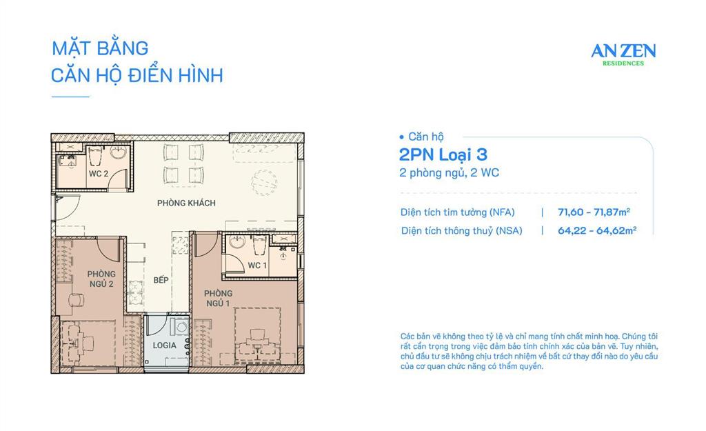 Bán căn hộ 2pn, 2wc tại an zen residence, 2,55 tỷ, 71,92m2, giá tốt, giá trực tiếp từ chủ đầu tư