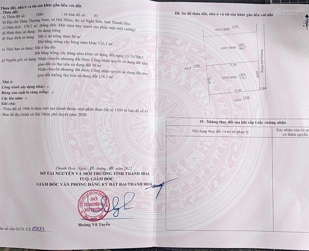 Bán mảnh đất xã hải nhân cũ ( gần quán thịt chó gốc tre ) 170m2 giá 950 triệu mặt tiền 10m