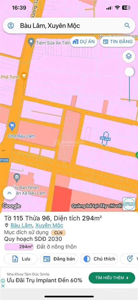 Cần bán đất biệt thự 10x30m giá 1,7ty tại chợ bàu lâm xuyên mộc brvt