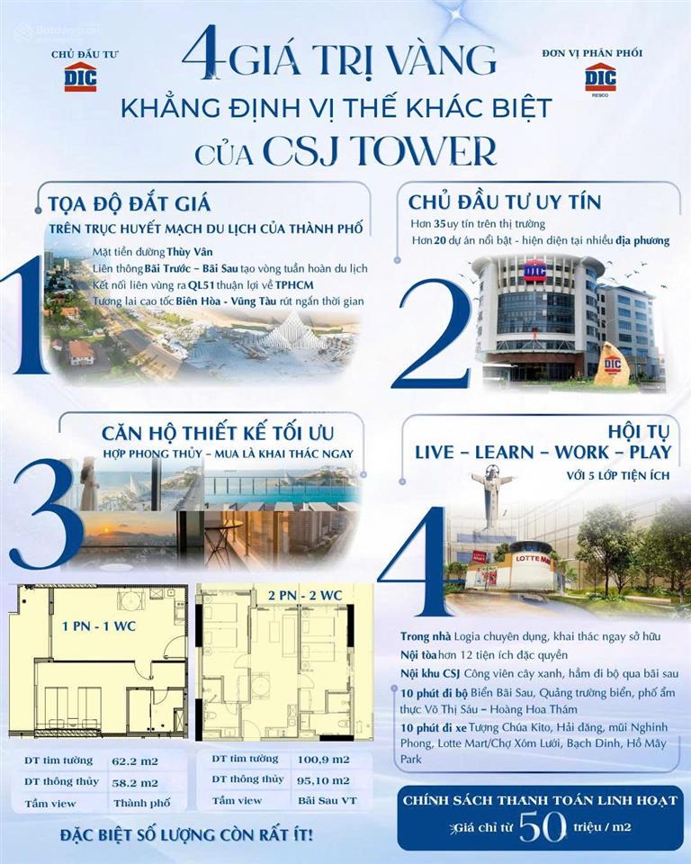 Bán căn hộ csj tower, đối diện công viên vũng tàu, giá rẻ cho 1 căn hộ sát biển