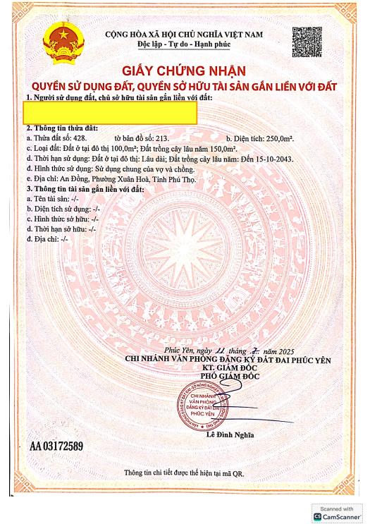 Chính chủ bán 250 m2 đất nhà ở đô thị phường xuân hòa, phú thọ