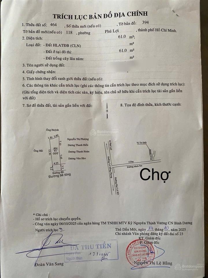Bán đất ngay chợ bình điềm  phú hoà. dt 61m2(4,3x15) nở hậu 5m, thổ cư 100%. giá 2 tỷ 150 triệu