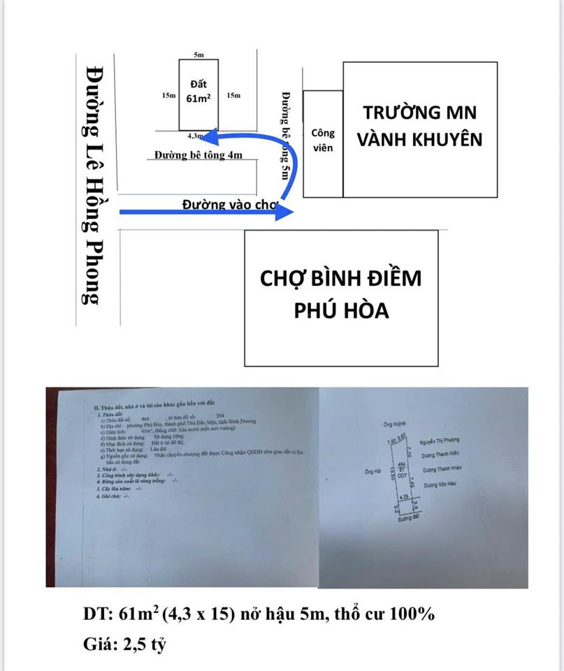 Bán đất ngay chợ bình điềm  phú hoà. dt 61m2(4,3x15) nở hậu 5m, thổ cư 100%. giá 2 tỷ 150 triệu