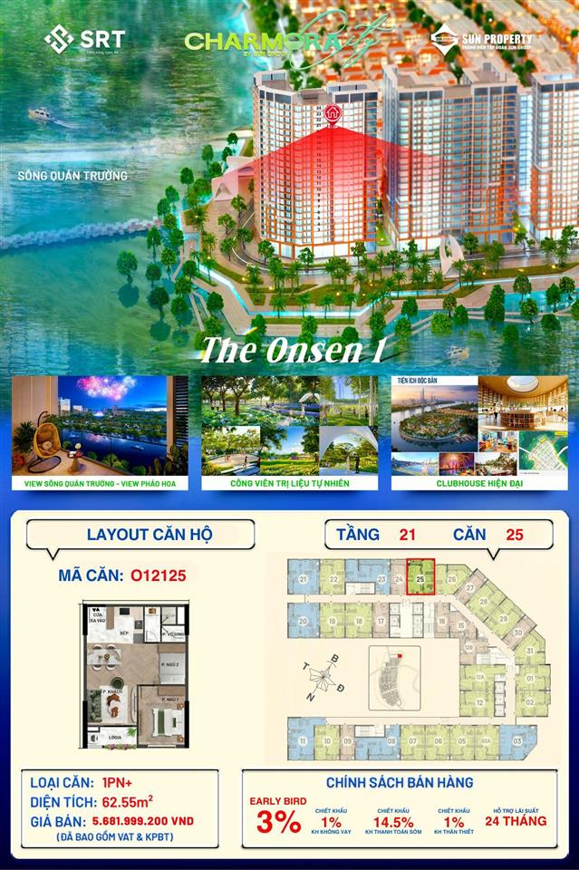Căn 1pn+ số 25 view sông, view đảo vui chơi giải trí quốc tế the onsen 1 charmora city  sun nha tr