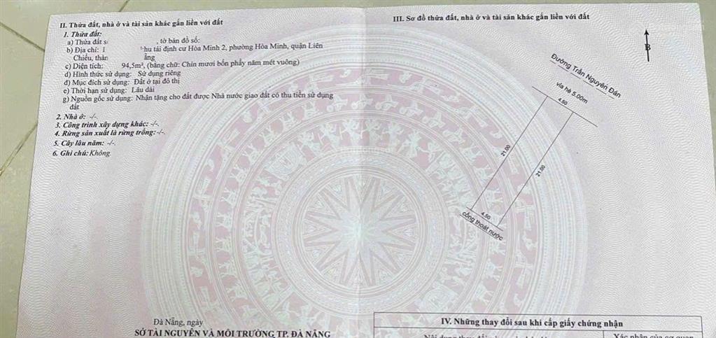 Đường 10m5 trần nguyên đán, hòa minh, liên chiểu. vị trí kinh doanh. s = 94.5m2, giá 4.89 tỷ