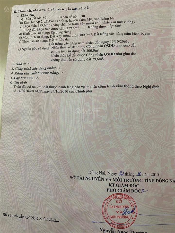 Chính chủ cần bán đất ở ấp 2, xuân đường, cẩm mỹ, đồng nai.