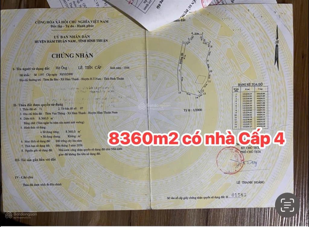 Bán nhà đất ba bàu, hàm thạnh, hàm thuận nam. đường xe hơi. chính chủ 180tr/ 1000m2. hoa hồng 2%