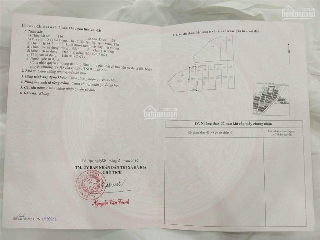 Bán đất dự án lan anh giá 900 triệu  1,050 tỷ (100m2)  xã hòa long, tp. bà rịa