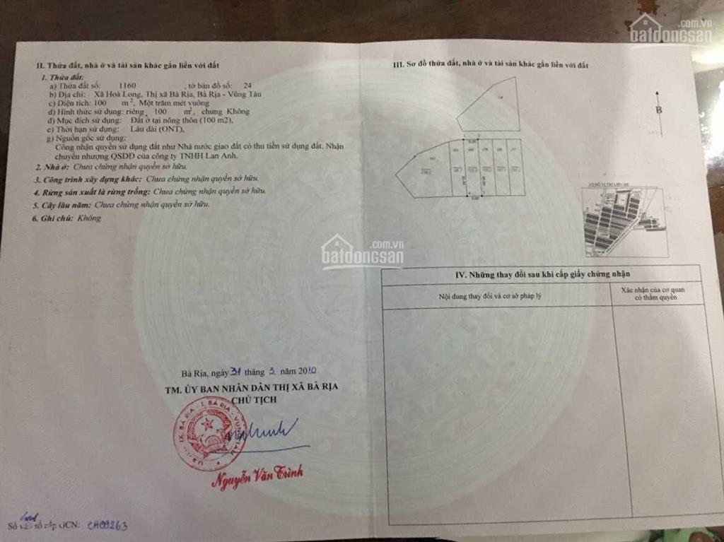 Bán đất dự án lan anh giá 900 triệu  1,050 tỷ (100m2)  xã hòa long, tp. bà rịa