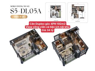 Căn duplex góc 192m2 view công viên ciputra 65ha, giá 34 tỷ, thiết kế 4pn toà noble crystal tây hồ