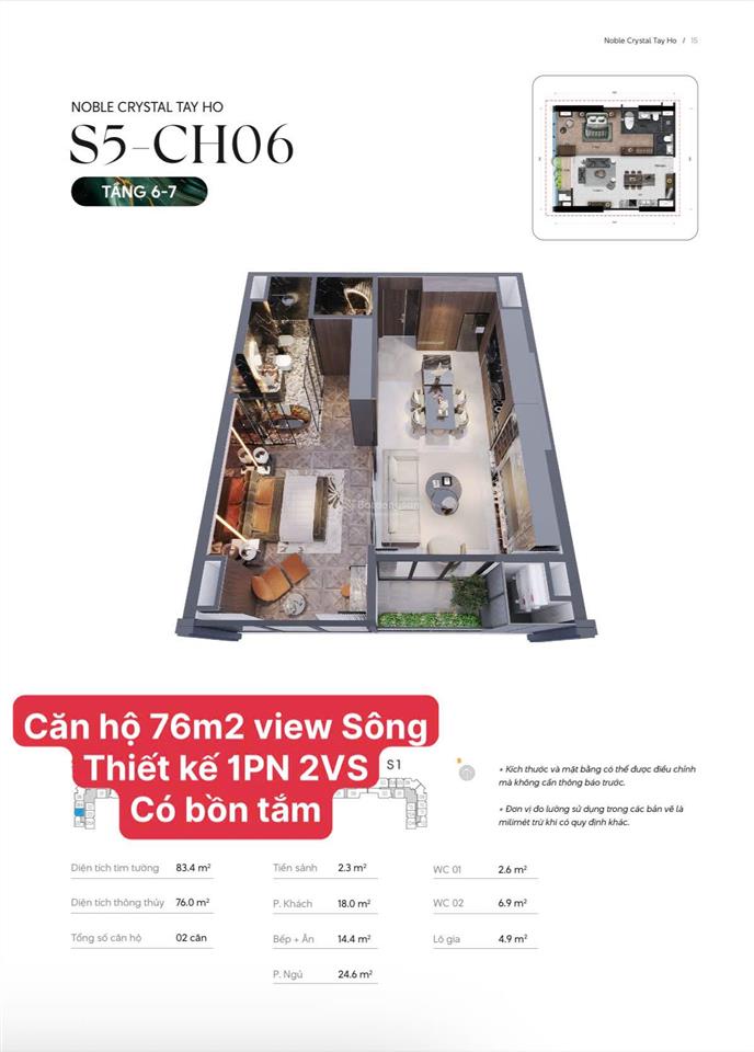 Căn hộ 76m2 view sông hồng, giá 11,4 tỷ, toà noble crystal tây hồ quản lý bởi worldhotels