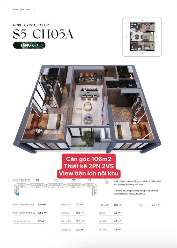 Căn góc 106m2 ban công đông nam, view tiện ích nội khu, giá 18 tỷ, toà noble crystal tây hồ