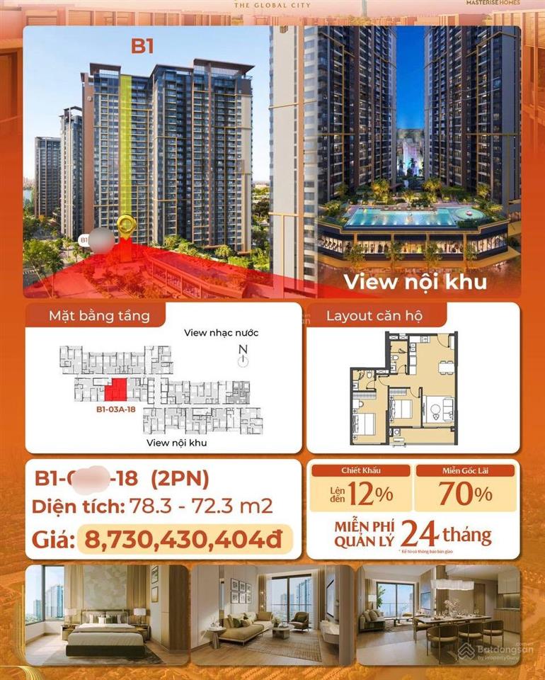 Căn hộ cao cấp the global city  bán căn 2pn 78.3m2, view hồ bơi xanh mát  tầng vừa phải  giá tốt