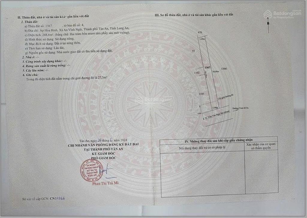 Bán 878m2 đất 7,2 tỷ mt trần văn ngà xã an vĩnh ngãi, tân an, long an, nay là p. tân an, tây ninh