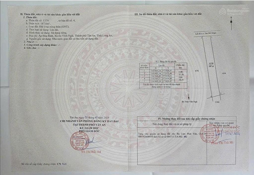 Bán 878m2 đất 7,2 tỷ mt trần văn ngà xã an vĩnh ngãi, tân an, long an, nay là p. tân an, tây ninh
