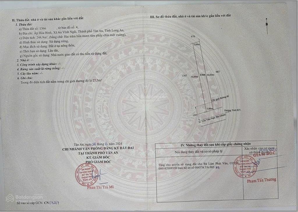 Bán 878m2 đất 7,2 tỷ mt trần văn ngà xã an vĩnh ngãi, tân an, long an, nay là p. tân an, tây ninh