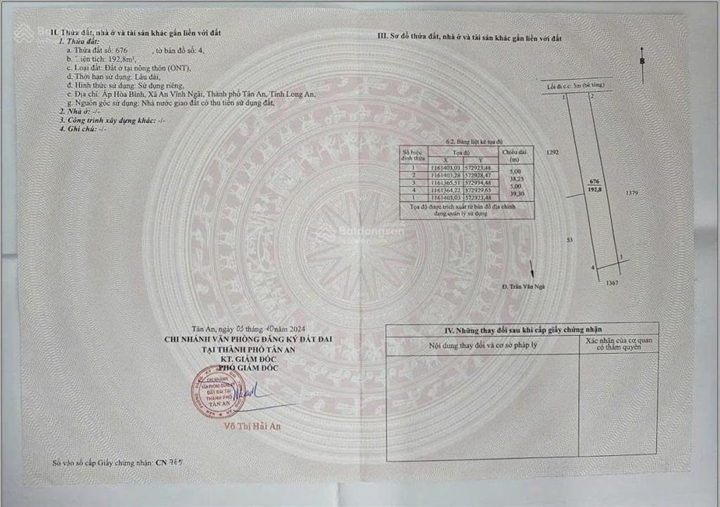 Bán 878m2 đất 7,2 tỷ mt trần văn ngà xã an vĩnh ngãi, tân an, long an, nay là p. tân an, tây ninh
