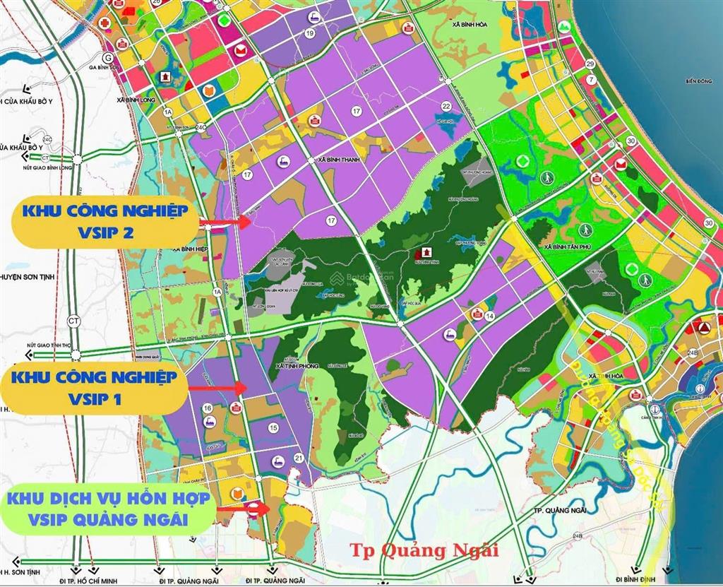 Khu dịch vụ hỗn hợp vsip quảng ngãi, đất mt đường rộng 25m, view công viên, 19tr/m2. hướng tây