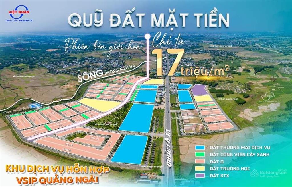 Khu dịch vụ hỗn hợp vsip quảng ngãi, đất mt đường rộng 25m, view công viên, 19tr/m2. hướng tây