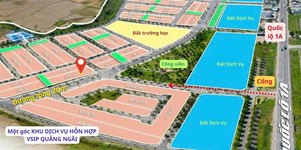 Khu dịch vụ hỗn hợp vsip quảng ngãi, đất mt đường rộng 25m, view công viên, 19tr/m2. hướng tây