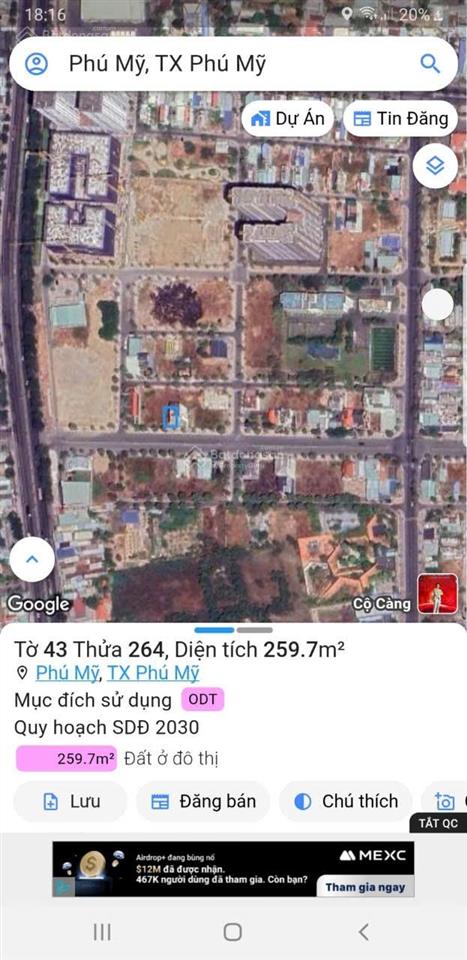 Bán lô đất vị trí vàng mt lê lợi đối diện vietcombank trung tâm phú mỹ, dt 13x20 full thổ giá 15tỷ