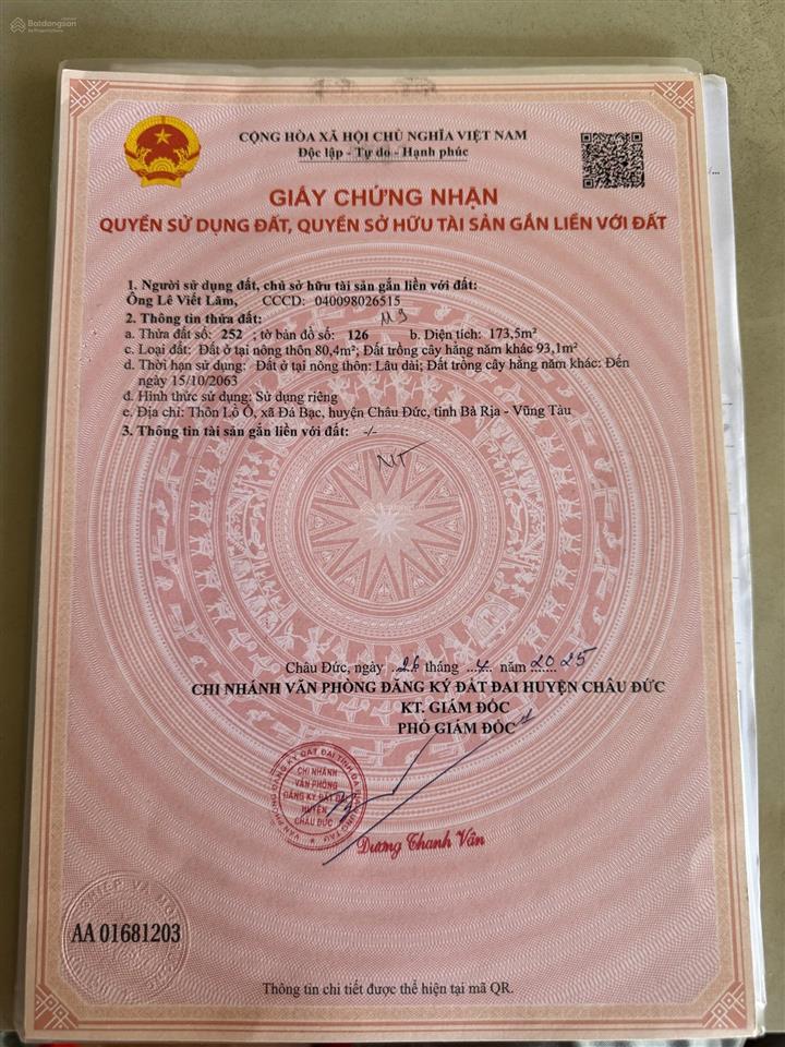 Đất tại xã đá bạc, châu đức, bà rịa vũng tàu (nghĩa thành tp hồ chí minh)