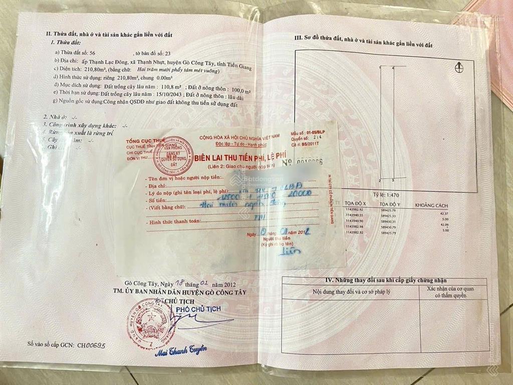 Bán đất tại thị trấn vĩnh bình, gò công tây, tiền giang, 1,2 tỷ, 210m2  view đẹp