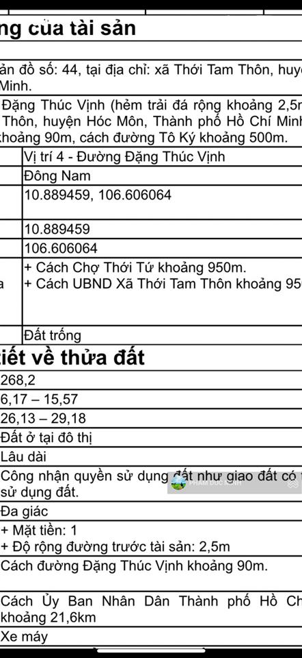 Bán đất dtc 268m2 tại thới tam thôn, 7,5 tỷ, hóc môn, hcm  chính chủ uy tín. bank tài trợ 100%