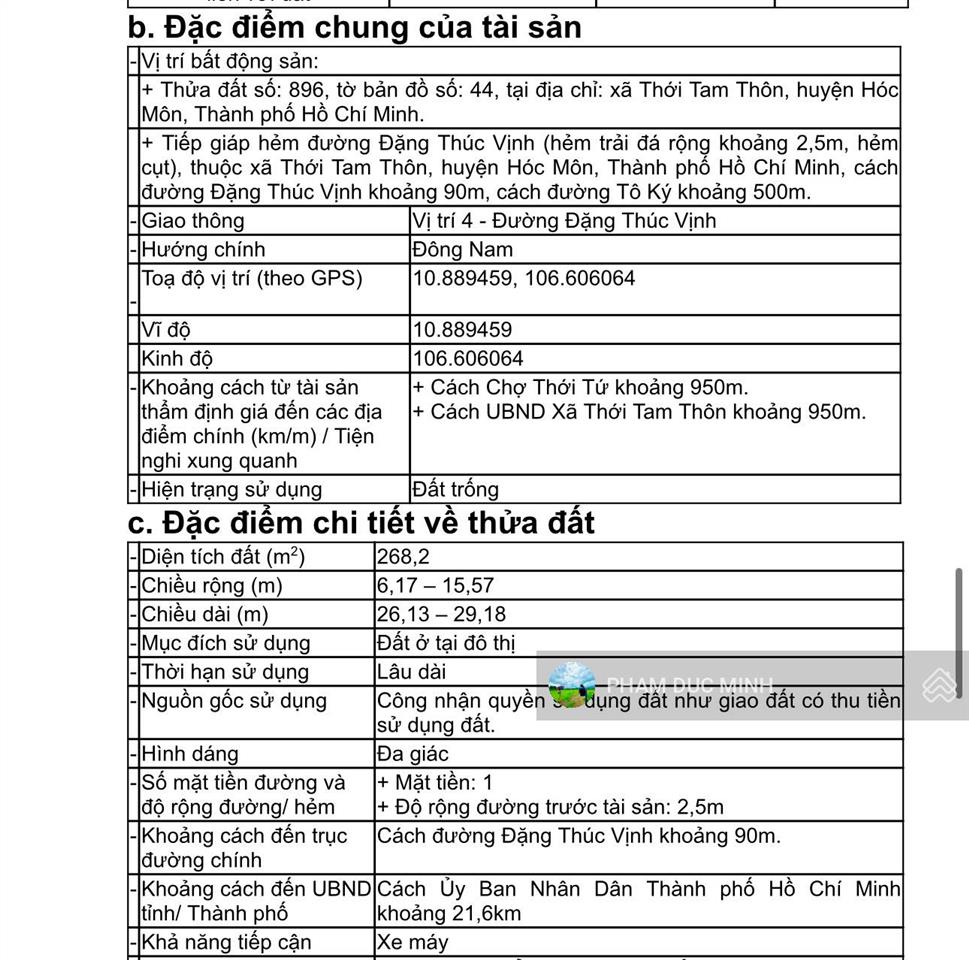 Bán đất dtc 268m2 tại thới tam thôn, 7,5 tỷ, hóc môn, hcm  chính chủ uy tín. bank tài trợ 100%