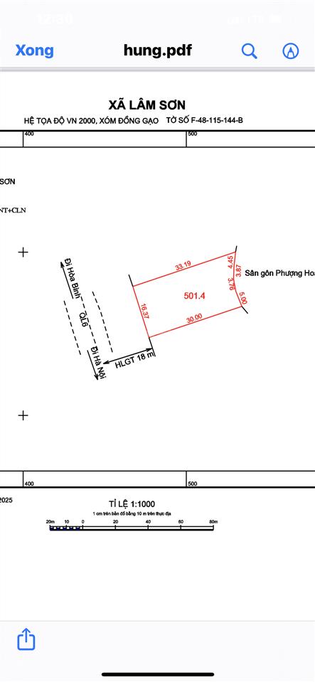 Cần bán 15,23m dt 500m2 mặt đường quốc lộ 6, cạnh sân golf phượng hoàng xã lâm sơn, lương sơn