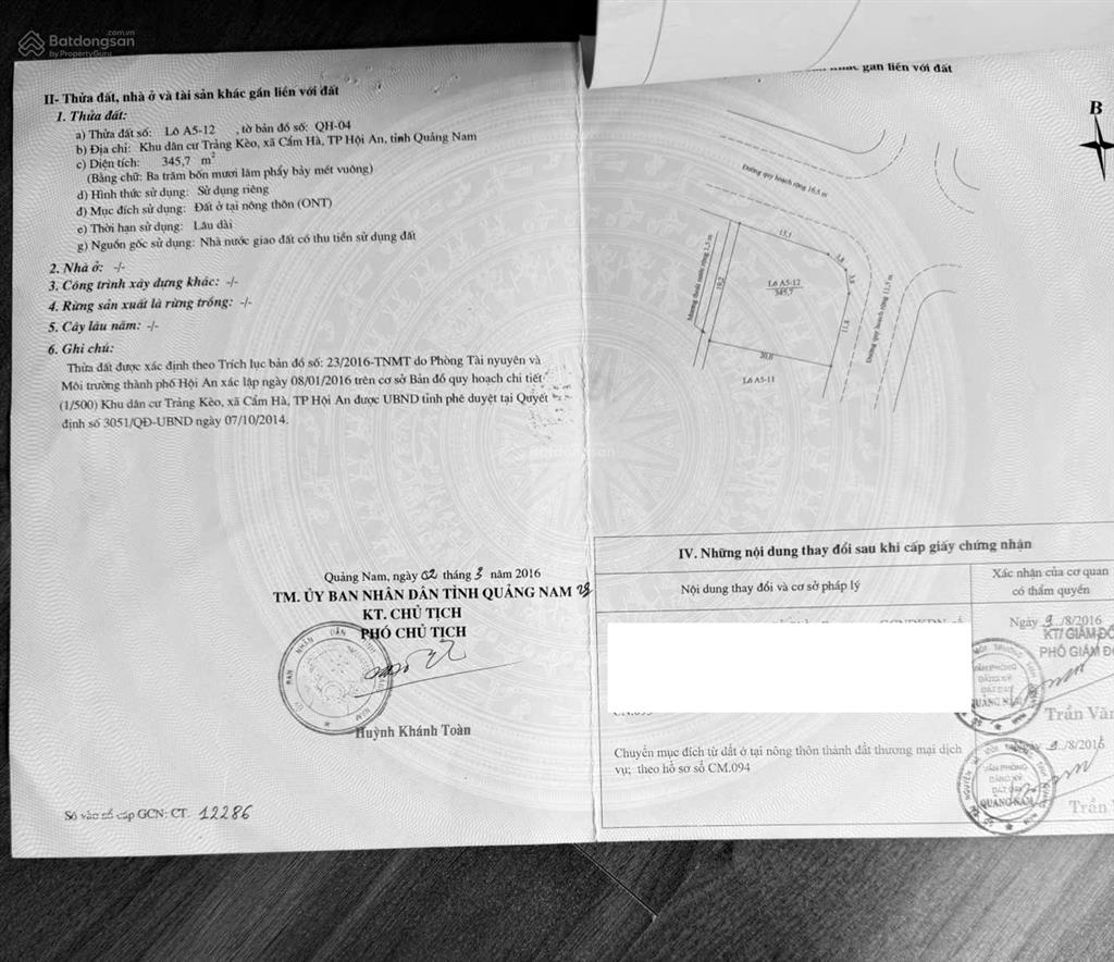 Bán lô đất 2 mặt tiền 345,7m2  kđt trảng kèo, hội an, quảng nam