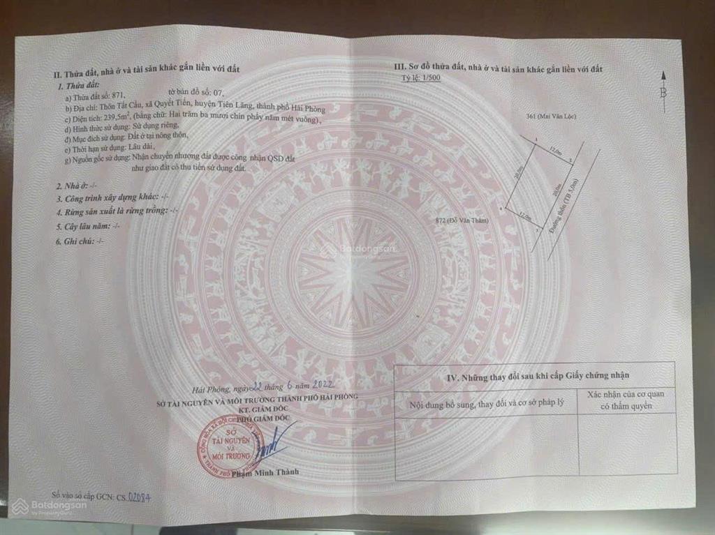 Chính chủ cần bán 240m2 ngang 20m tại quyết tiến, tiên lãng, hải phòng giá chỉ 12tr/m2