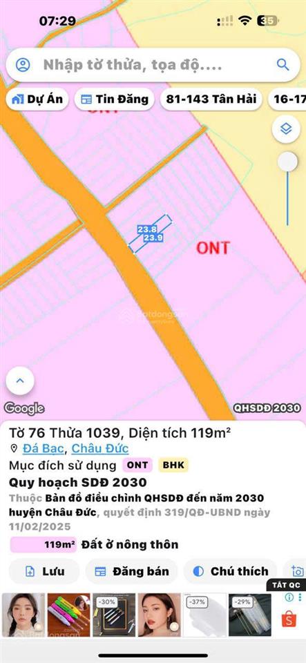 Em còn 2 lô mặt tiền nhựa đá bạc, châu đức, bà rịa vũng tàu