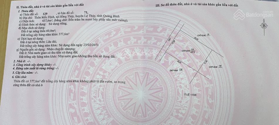 Bán 437.6m2, mặt tiền 17.5m tại thôn mốc định, xã hồng thủy, huyện lệ thủy, tỉnh quảng bình