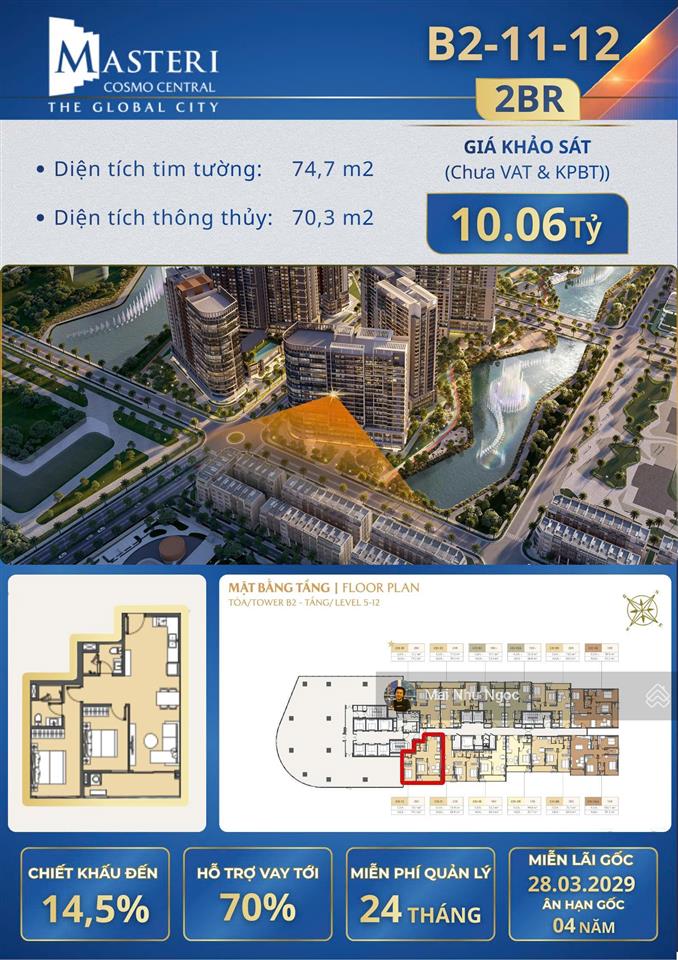Chính chủ bán căn hộ 2 phòng ngủ b21112 masteri cosmo central, the global city