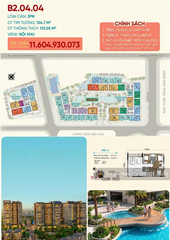 Bán căn hộ 3pn gladia heights 124,7m2 giá 11,604 tỷ view nội khu