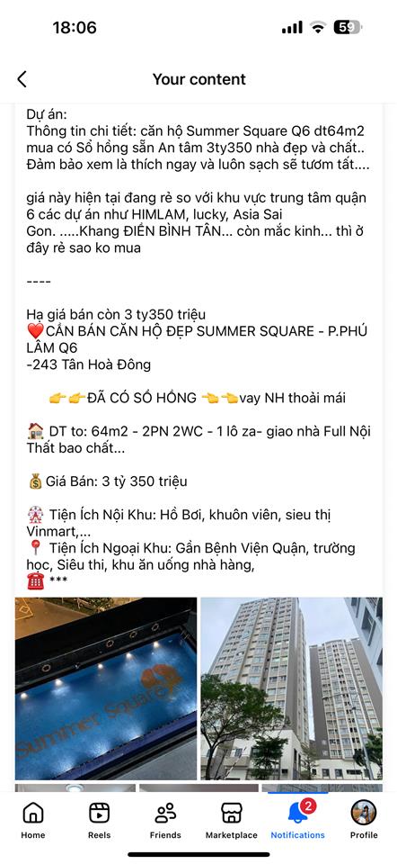 Summer square q6 dt 65m2 giá 2pn 3ty350 sổ hồng để ngoài nhà đẹp sạch