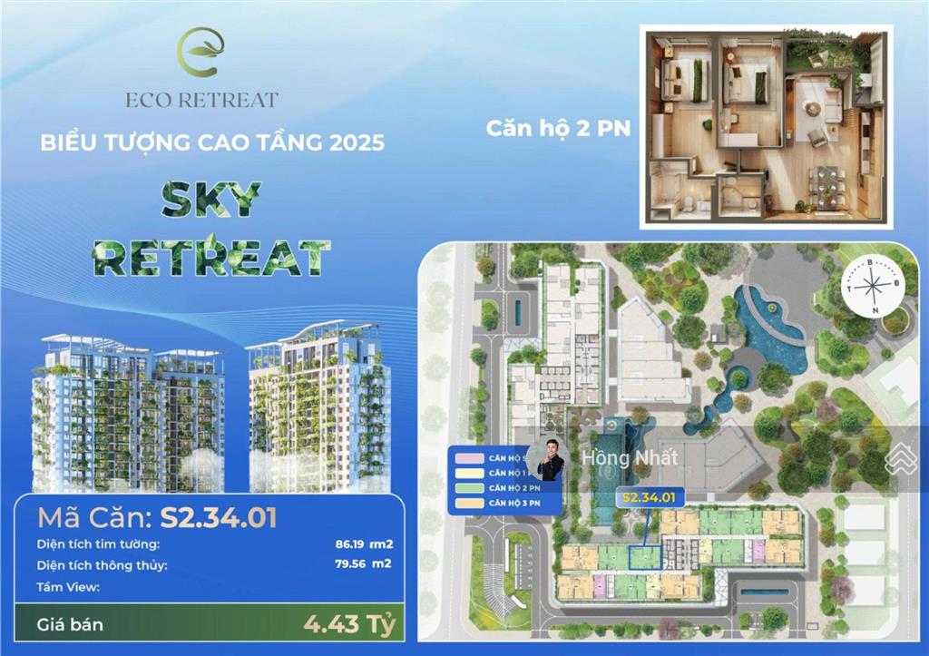 Hiếm! bán gấp căn 2pn sky retreat eco retreat view công viên 30.000m² 86m2, giá tốt nhất 3.939 tỷ