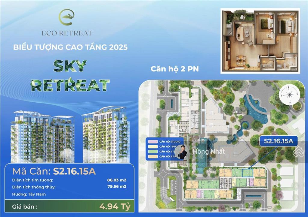 Hot! bán gấp căn 2pn sky retreat eco retreat view công viên 30.000m², tầng đẹp, 86.03m² chỉ 4,391tỷ
