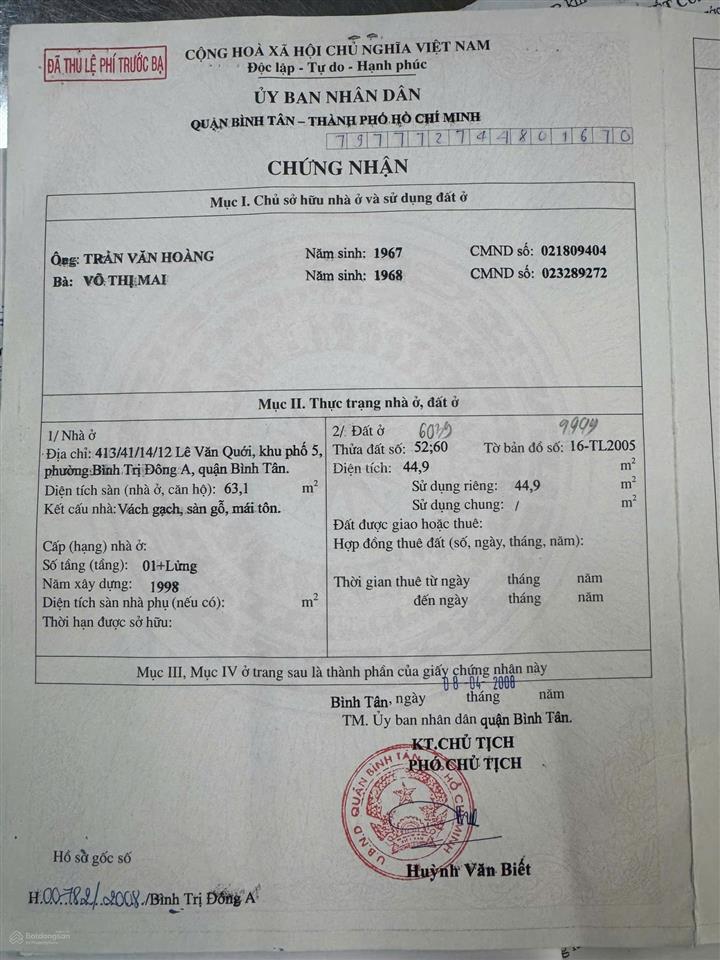 Nhà hxh 413 lê văn quới, p. bình trị đông a