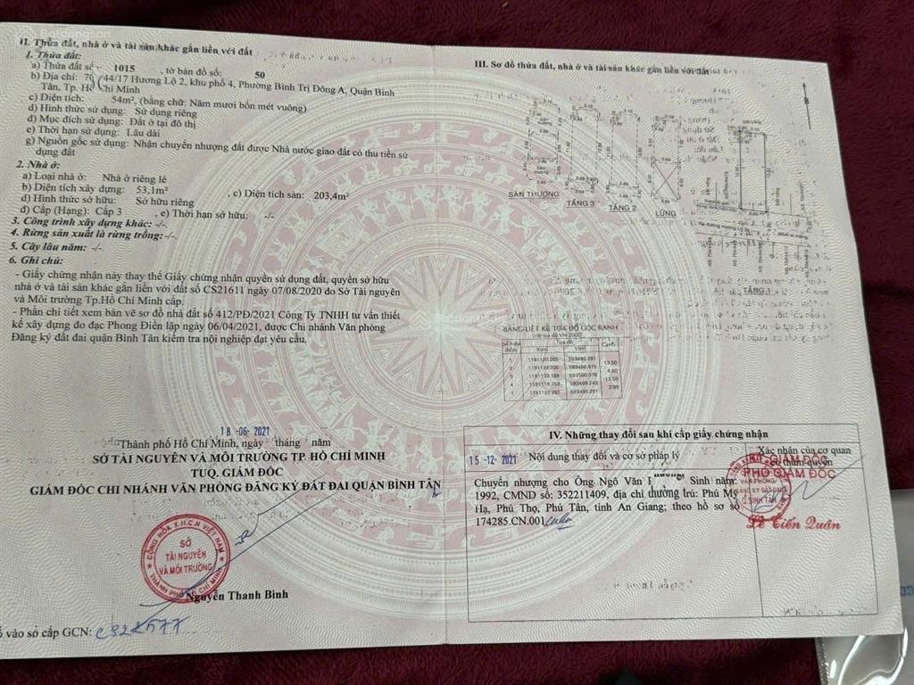 Bán nhà 705/44/17 hương lộ 2  54m2  4,5 tầng, 6,7 tỷ/tl nhẹ  p.btđa  bình tân