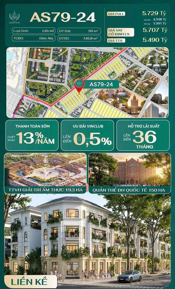 Bán nhà phố liền kề vinhomes sài gòn park 50m2 4tầng 5,729 tỷ xã xuân thới sơn tp.hcm (as7924 )