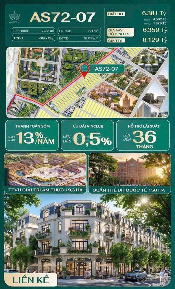 Bán nhà phố liền kề căn góc(as7207)vinhomes sài gòn park 60m2  4tầng6,381 tỷ hóc môntp.hcm )