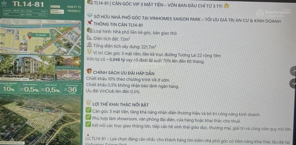 Bán nhà phố liền kề căn góc (tl14  81) vinhomes sài gòn park 50m2 4tầng 10,617 tỷ hóc môn tp.hcm